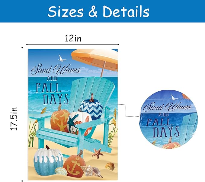 Sand Waves Fall Days White Pumpkin Beach Decorative Small Garden Flag Fall At The Beach Garden Flag Autumn Nautical Pumpkins,Blue Chair Beach Anchor Shell Crab Starfish Home Decorative Coastal House