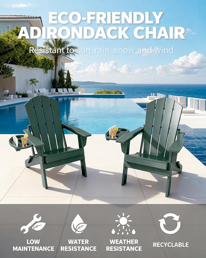 Adirondack Chair Set of 6, HDPE Folding Adirondack Chair with Multifunctional Cup Holder, Weather Resistant Fire Pit Chair for porches, patios, poolsides, Decks.