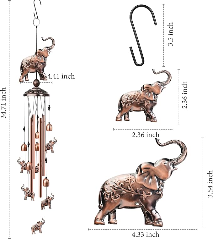 35 Inch Elephant Wind Chime, Handmade Large Metal Animal Figurine Windchimes for Garden Decor, Deep Soothing Bass Tones Wind Chimes for Outside, Memorial Gifts for Patio, Yard, Porch