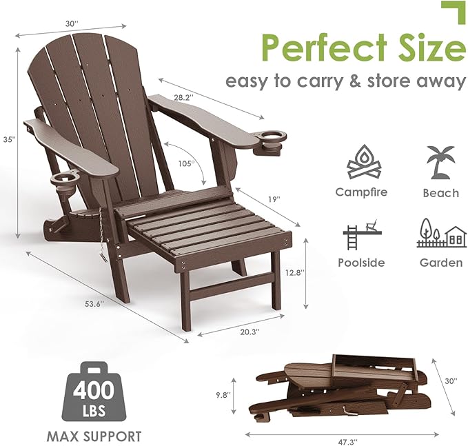 GREENVINES Adirondack-Chairs-with-Ottoman | Wood Grain | Dark Brown | Folding | Retractable-Footrest | HDPE Plastic | All Weather Fire Pit Chair | Cup Holders | for Outdoor Poolside