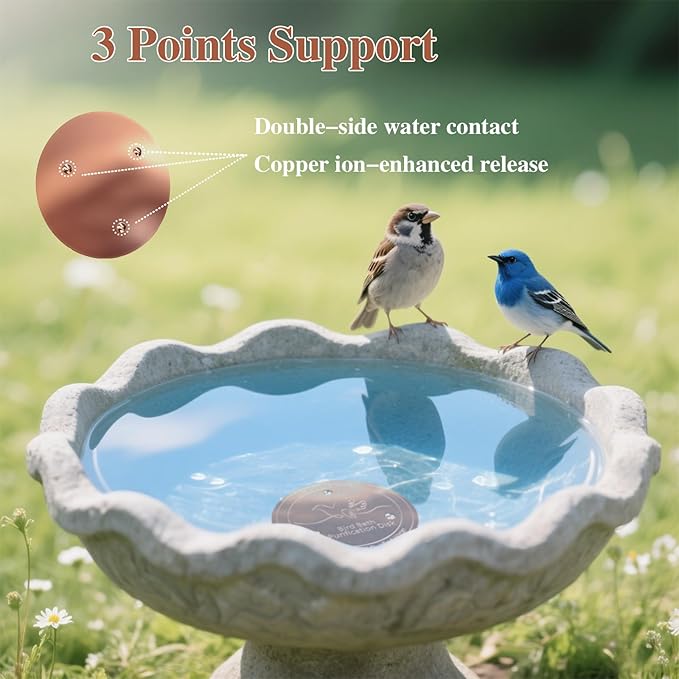4in Bird Bath Copper Disk, 0.6mm Thickness 99% Pure Copper birdbath purification disk with triple-point Support, Safe Natural Clean Water for All Outdoor Birdbaths Bowls and Year-Round-Use