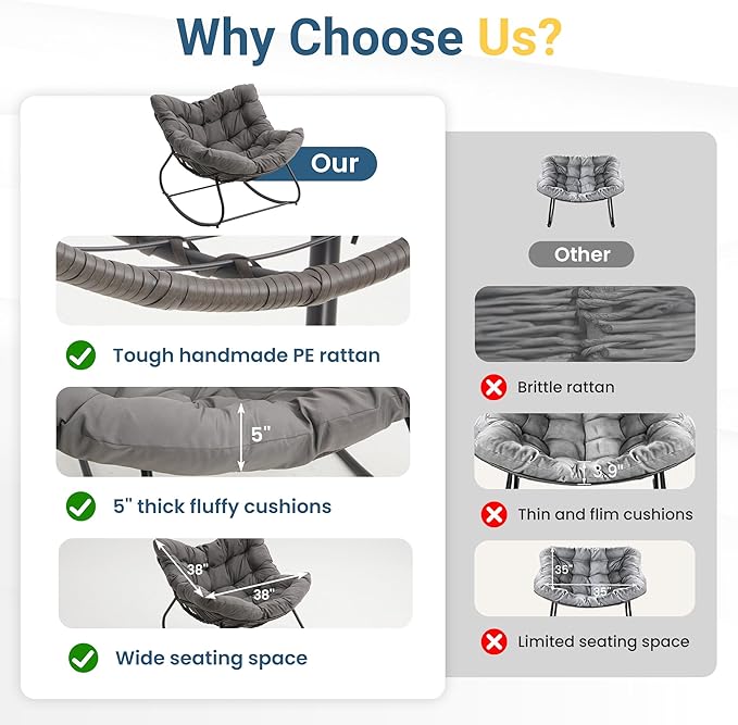 Wisteria Lane Patio Rocking Chair with Ottoman, Outdoor Indoor Rocking Egg Chair with Cushions, Metal Lounge Chair Oversized Papasan Chair, Outdoor Wicker Reading Chair for Porch Garden, Dark Grey