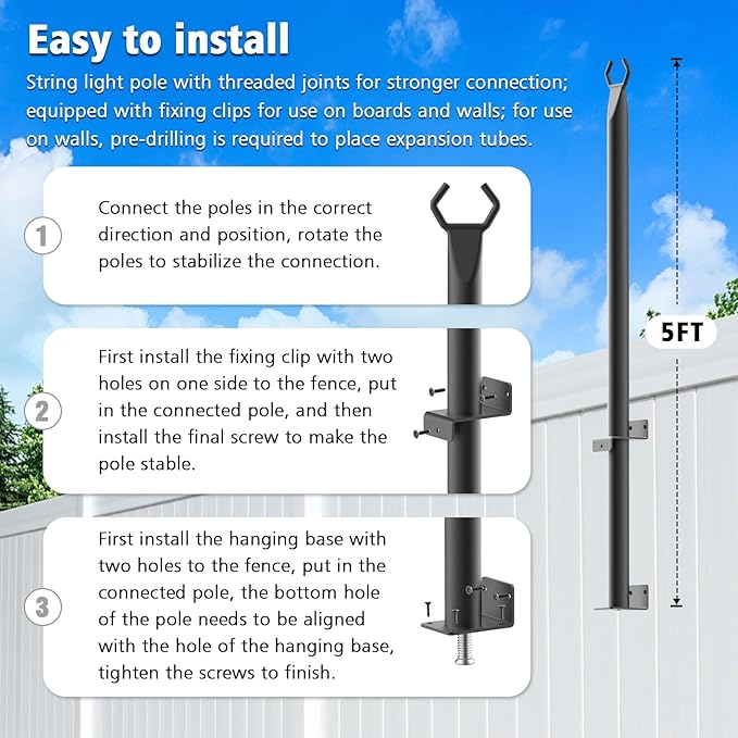 LETIANPAI 10 Pack String Light Poles,5 Ft Metal Poles with Fence Bracket for Outdoor String Lights,Outdoor Light Poles,Poles/Post/Stand for Outside