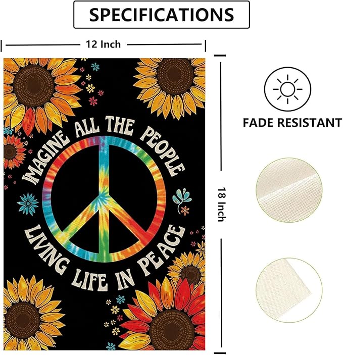 Peace Sign Garden Flag 12x18 Inch Vertical Double Sided Rainbow Sunflower Imagine All The People Living Life in Peace Motivational for Outdoor Yard Lawn Decorations