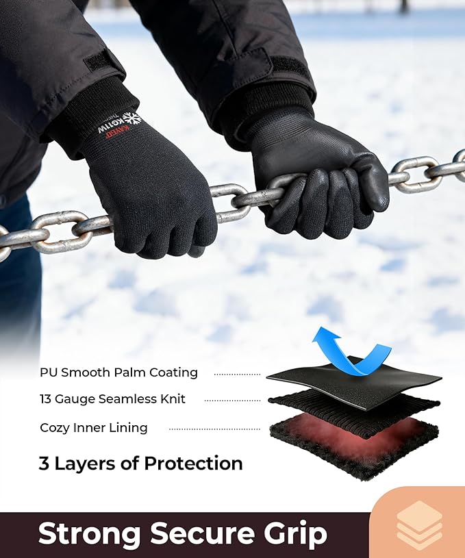 KAYGO Winter Work Gloves for Men and Women, 12 Pairs Thermal Insulated Safety Work Gloves PU Coated, Smooth Grip on Palm & Fingers,Ideal for Freezer Work,Black,L
