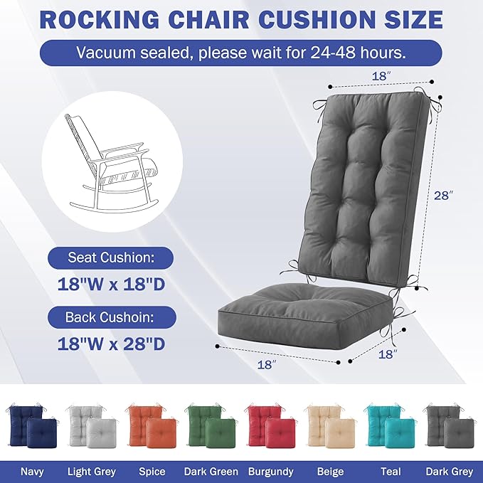 Rocking Chair Cushion, Waterproof and Fade-Resistant Patio Chair Cushions, Tufted Chair Pads for Rocker Furniture, 18x18 Inch, Indoor/Outdoor Seat Cushions with Ties, Dark Grey