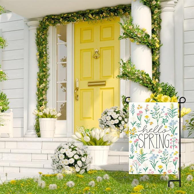 DIYDEC Hello Spring Garden Flag 12x18 Inch Vertical Double Sided Burlap Spring Tulip Flowers Flag Holiday Yard Sign for Outdoor Garden Seasonal Farmhouse Spring Summer Decoration