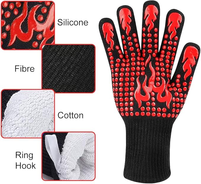 BBQ Gloves, Heat Resistant Gloves for Cooking, Non-Slip Grill Oven Mitts, 1472°F Extreme Heat Resistant Silicone Grilling Gloves for Barbecue, Frying, Baking, 1 Pair (Red)
