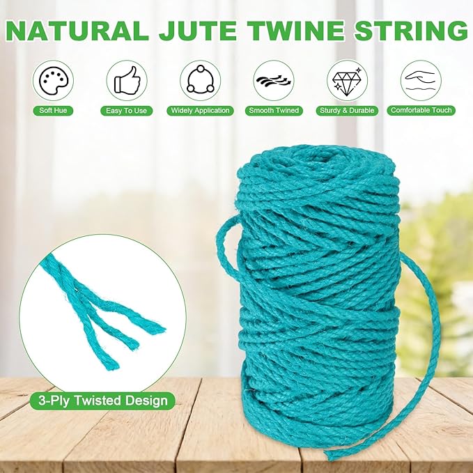 1-Pack Natural Jute Twine String, 4.5mm x 164ft/50m Long Garden Twine String for Crafts/Gift Wrapping/Gardening Plants, Durable Plant Ties Thick Rope [Lake Blue]