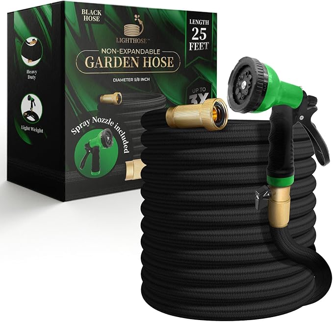 Garden Hose, NON-EXPANDABLE Garden Hose, Super Light Weight Hose, No Burst, 3/4 inch Solid Brass Connectors (Black, 25 Feet)