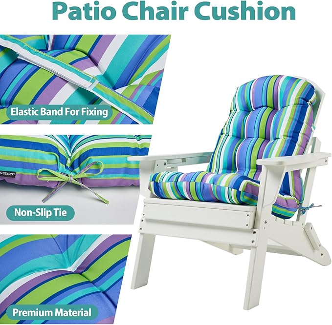 Adirondack Chair Cushion, High Back Patio Cushions with Adjustable Ties, 48.8x20.4x4.3, Waterproof Tufted Pillow, Fade Resistant Seat Rocking Chair Cushion for Indoor/Outdoor, Stripe Blue, 1