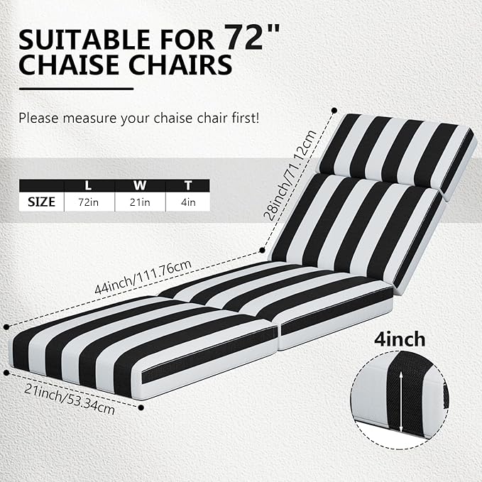 4 Pcs Chaise Lounge Cushions Outdoor, 72 x 21 x 4 Inch Lounge Chair Cushions for Outdoor Furniture - Waterproof Lounge Patio Replacement Cushion, 4In Fade-Resistant ThickPatio Chaise Lounge Cushion