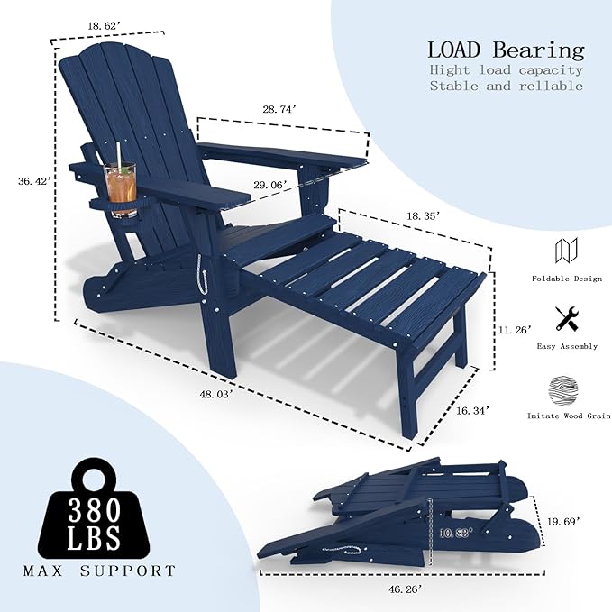 Folding Adjustable Adirondack Chairs with Ottoman & 1 Cup Holders Set of 2, HDEP Multifunctional Adirondack Chair with Footrest,Navy Blue