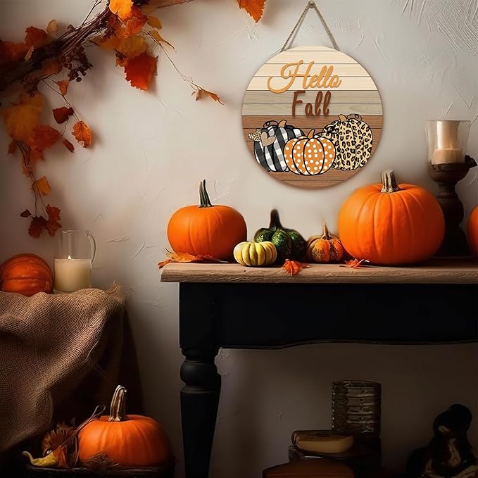 Hello Fall Pumpkin Wooden Door Signs Autumn Harvest Sign Front Door Decor Plaid Pumpkin Farmhouse Door Hanger Decorations for Home Front Door Wall Office Decor