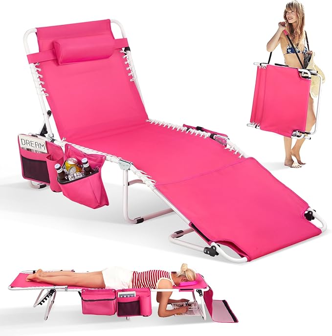 Bonnlo Oversized Folding Tanning Chair with Face Hole & Carrying Bag,Beach Lounge Chair Outdoor for Adults, Portable Sunbathing Recliner,Laying Out Chairs for Tanning Lounger Outside,Supports 265 lbs