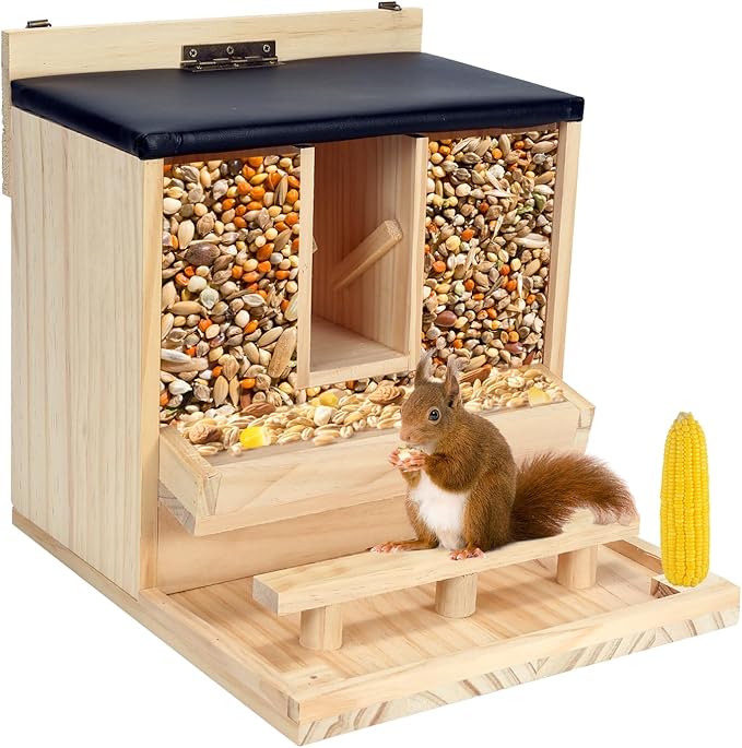 Squirrel Feeder Case for Outside, Durable Wooden Squirrel Feeder Can Install Camera(Not Camera), Funny Squirrel Houses Picnic Table, Squirrel Feeders for Outdoors Squrrill Nuts Bar