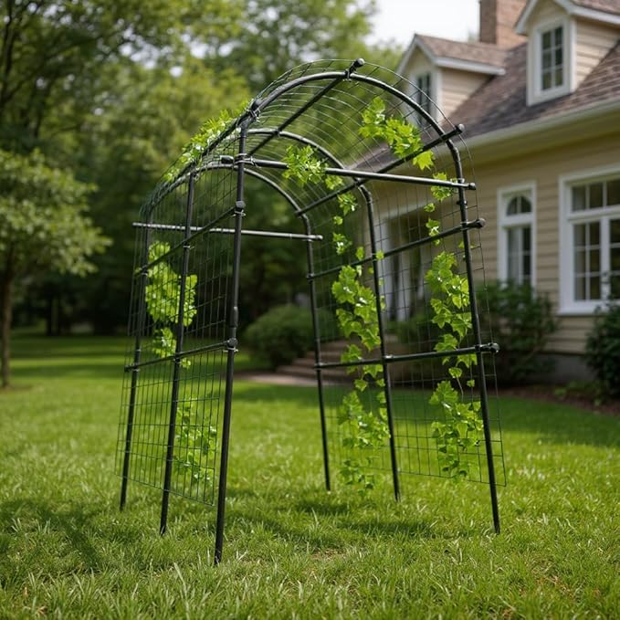 Adjustable Garden Arch Trellis, 7.5FT Metal Arbor with Climbing Net, 35"–45" Wide Weather-Resistant Pergola for Vines, Roses, Vegetables & Flowers, Sturdy Steel Frame, Easy No-Tool Assembly
