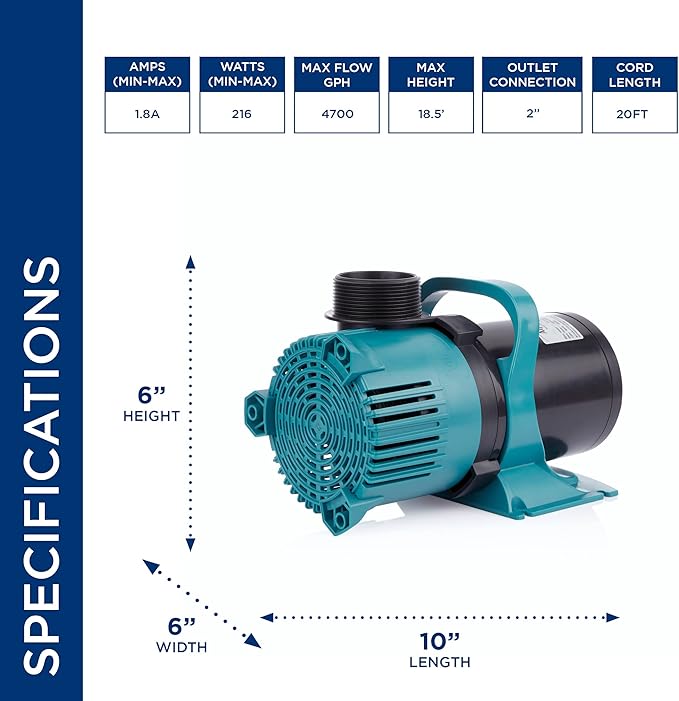 Alpine Corporation 4700 GPH Vortex Submersible Water Pump with 20 Ft Cord for Ponds, Fountains and Water Circulations, Quiet Operation Vertical/Horizontal, 18.5 Ft Lift 216 Watts, Black/Teal