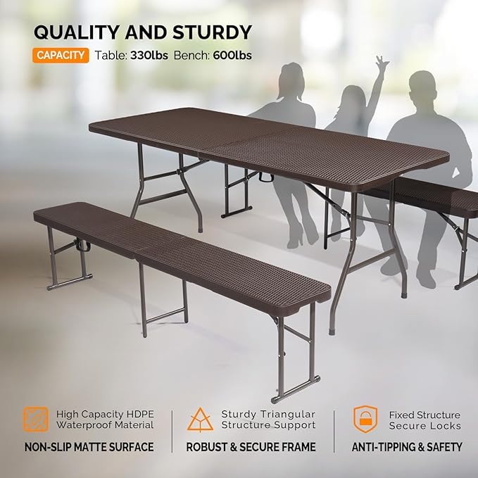 VINGLI Picnic Table Set with 2 Benches, 6 Feet Camping Table Chair Set, 3-Piece Folding Furniture for Indoor or Outdoor Use, Rattan Patterned Tabletop, Brown