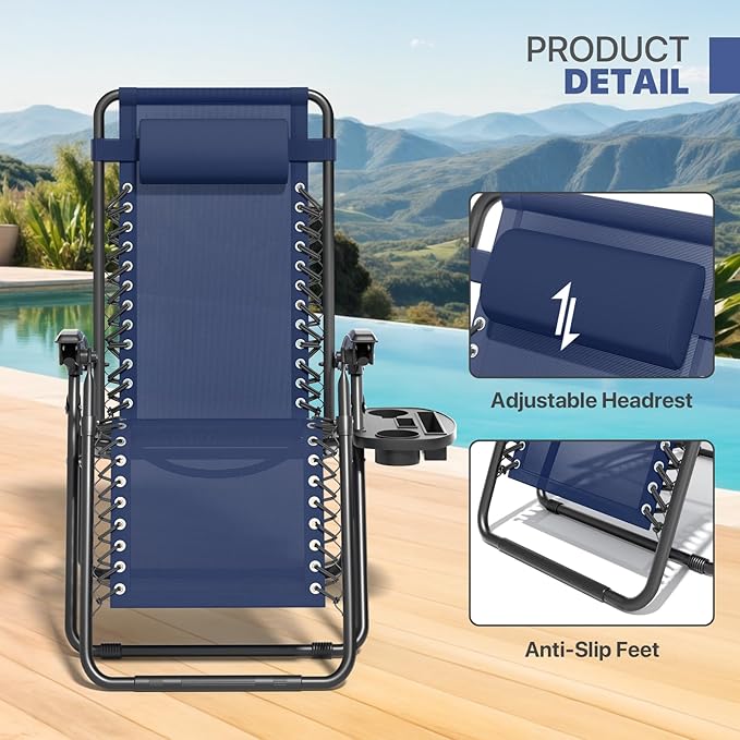 Magshion Zero Gravity Lounge Chairs Set of 2, Outdoor Patio Reclining Chair with Side Tray, Adjustable Anti-Gravity Recliners with Pillow Headrest, Folding Lounger for Lawn Camping Beach, Navy Blue
