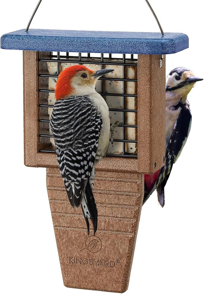 Kingsyard Recycled Plastic Suet Bird Feeder, Tail Prop Suet Feeder for Outside Hanging, Sturdy & Durable, Great for Woodpecker & Clinging Birds, Blue