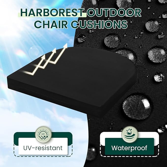 HARBOREST Outdoor Chair Cushions Set of 4, Water Resistant Patio Chair Cushions with Ties, Outdoor Seat Cushions for Patio Furniture, 17"x16"x2", Black