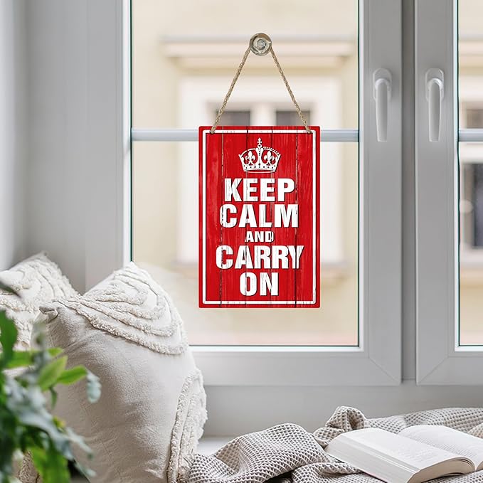 Inspirational Keep Calm and Carry on Front Door Sign, Motivational Crown Wood Hanger Outdoor Outside Porch Decor, Red Farmhouse Wooden Wreath Indoor Wall Hanging Home Office Bar Decoration