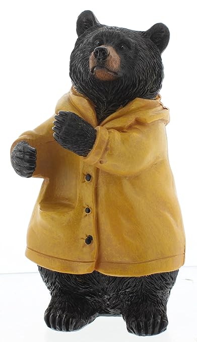 The Bridge Collection 7" Black Bear Weather Rain Gauge - for Patio, Porch, Garden - Resin Bear With Yellow Rain Coat - Cabin Decor