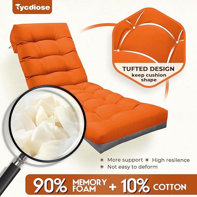 Outdoor Lounge Chair Cushion, Waterproof Replacement Chaise Lounge Cushions for Outdoor Furniture Thickened 71 x 22 x 4.7 Inches Non-Slip Patio Pool Lounge Chair Cushions with Ties (Orange)