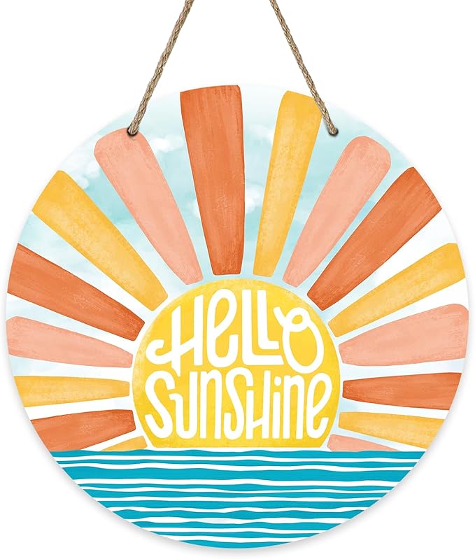 Hello Sunshine Sun Summer Front Door Sign, Spring Boho Sunset Over The Sea Wood Door Hanger Outdoor Outside Porch Decor, Bohemian Ocean Wooden Wreath Indoor Wall Hanging Decoration