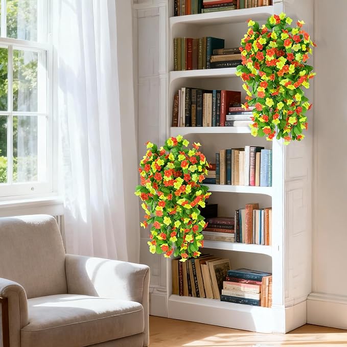 Artificial Fake Hanging Flowers for Outdoors, 2 Pcs Artificial Hanging Plants Outdoors Spring Summer Decor, UV Resistant Faux Violet Silk Flowers for Planters Front Door Yard Garden(Orange Yellow)
