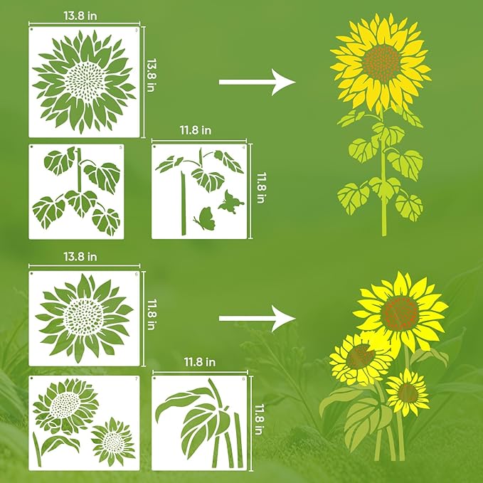 Large flower Stencils for Painting on Wood,Jumbo Sunflower Floral Butterfly Reusable Plastic Floral Templates for Outdoor Garden Walls, Fence, DIY Crafts, Canvas, Furniture Home Decor (8Pcs Sunflower)