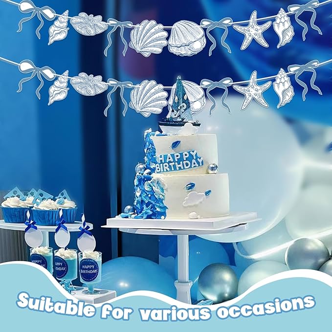 2 PACK Summer Banner Seashells Decor Party Decorations Party Supplies Birthday Decorations Blue Bow Starfish and Christmas Ornaments Under The Sea Paper Hanging Banner for Women Men Baby Showre
