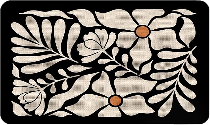 Boho Beige and Black Floral Door Mat - Bohemian Neutral Floral Front Door Welcome Mats Outdoor Entrance, 17x30 Rug