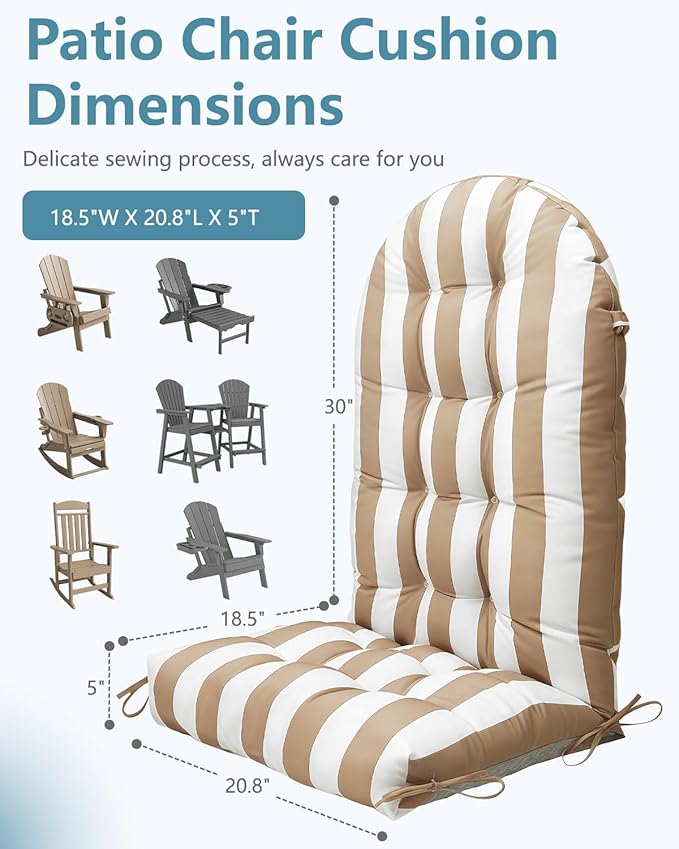 Adirondack Chair Cushion Set of 4, Thickened Patio Chair Cushions with Ties, Waterproof and UV-Protected Rocking Chair Cushion for Indoor and Outdoor, Stripe Khaki.