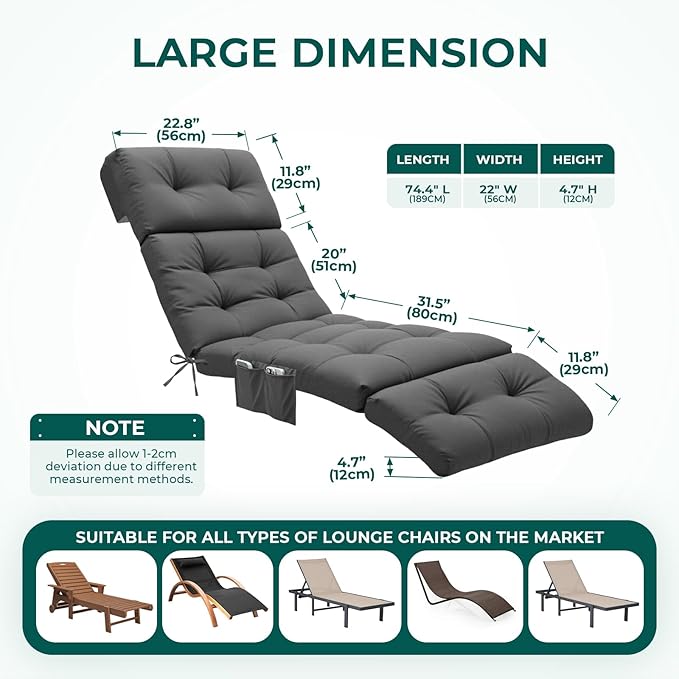 Outdoor Chaise Lounge Chair Cushion Waterproof 74.4 x 22 x 4.7 Inches Lounge Chair Cushions Replacement for Outdoor Furniture with Ties and Pocket, Thickened Pool Lounge Chair Cushions, Grey