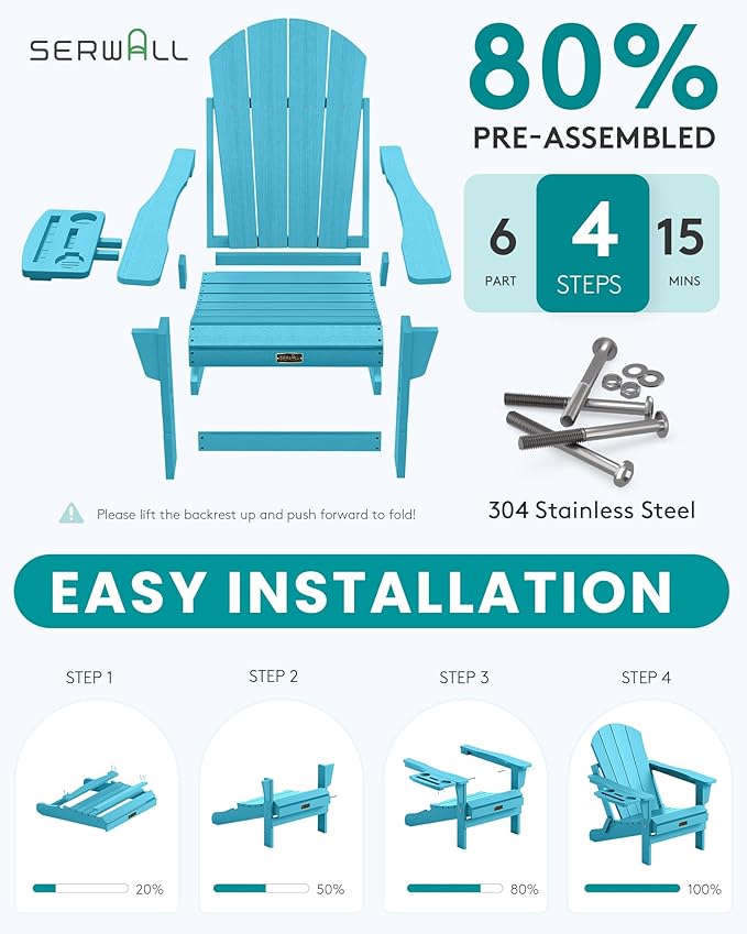 SERWALL Folding Adirondack Chair Set of 4, Outdoor Adirondack Chairs with 4 in 1 Cup Holder, Wood Texture Patio Chairs, Weather Resistant Fire Pit Chairs for Patio Deck Garden, Backyard - Aruba Blue