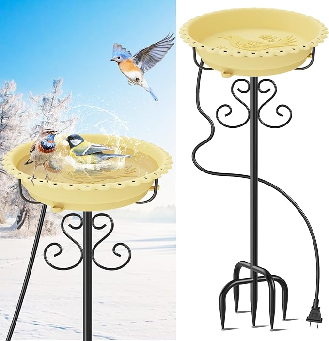 Heated Bird Baths for Outdoors,Upgraded 100W Thermostat Control Heated BirdBaths for Winter with Metal 5 Prong Base Heated Bird Bath for Outside Winter Garden Yard Patio Lawn (Beige)