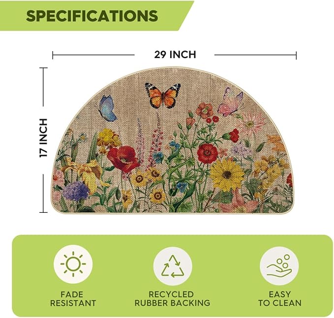 Artoid Mode Wood Flowers Butterfly Spring Semicircular Doormat, Home Summer Decor Low-Profile Switch Rug Door Mat Floor Mat for Indoor Outdoor 17x29 Inch