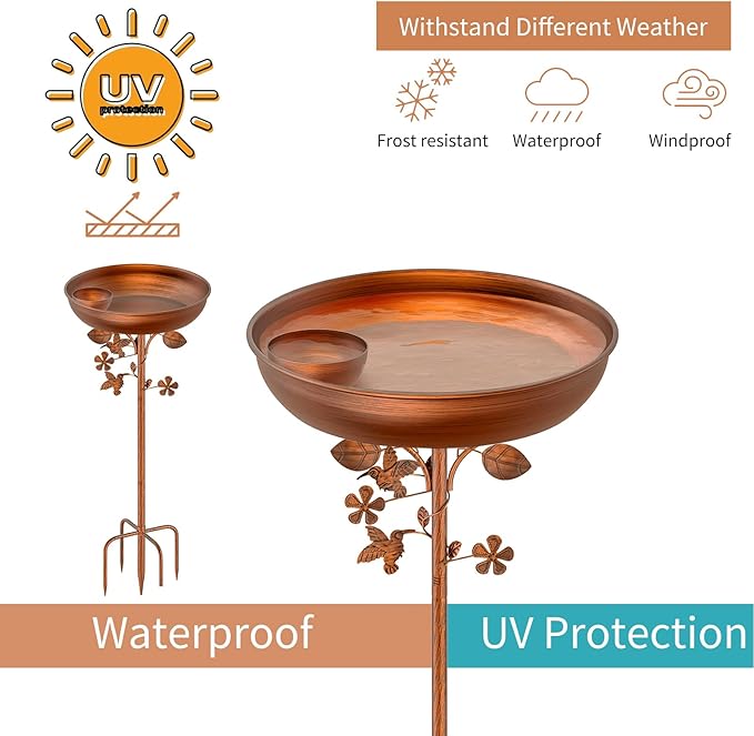 Metal Bird Bath for Outdoors Garden Birdbath Bowl, 39.6" Height Bird Feeders for Outside with 5 Prongs Base Stake, Standing Birdfeeders for Yard Lawn Decor (Vintage Copper)