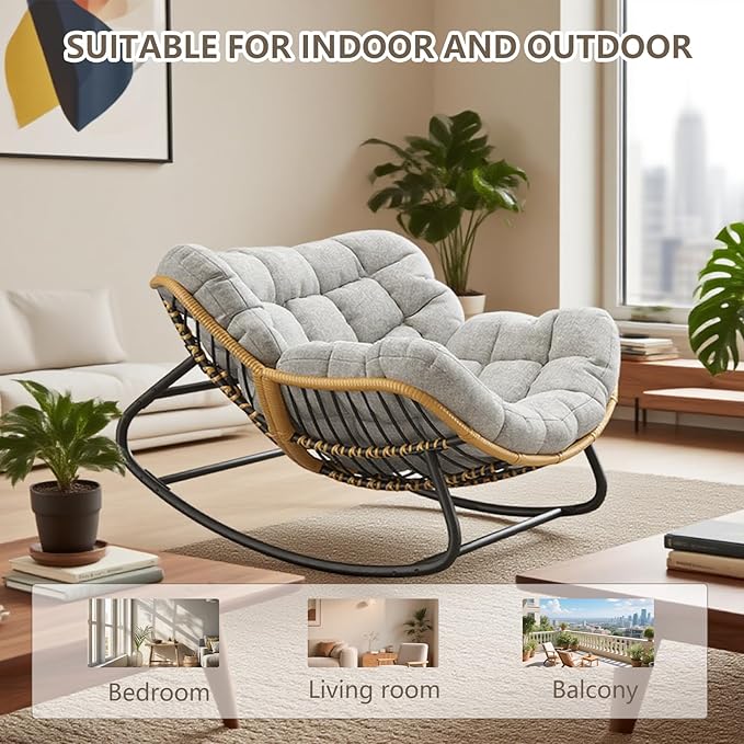 Oversized Rocking Chair,Outdoor/Indoor Patio Papasan Rocker with Thick Cushion, Rattan Wicker Lounge Egg Chair for Bedroom, Living Room, Porch, Garden Backyard-Grey
