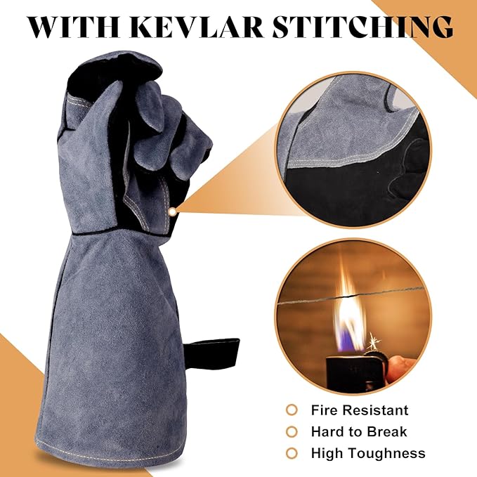 Leather Welding Gloves, 16inch 932℉ Heat/Fire Resistant, Wood Stove Gloves, Large Mitts for BBQ,Grill,Tig/Mig (Grey, M)