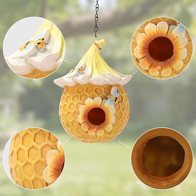 Bird Houses for Outside Pink Cottage Resin Birdhouse, Garden Outdoor Decor Bird House with Flower and Bees, Birdhouses for Outdoors for Bluebird Finches Cardinals