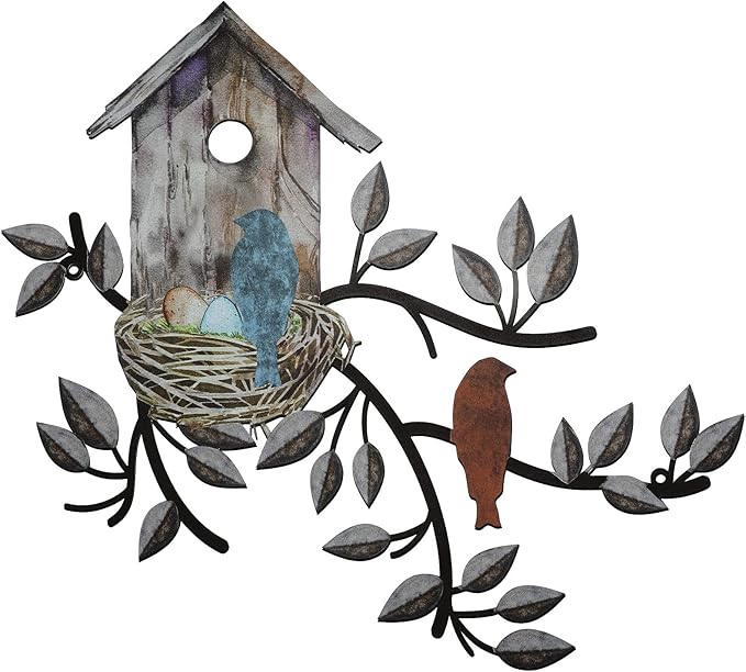 Peryiter Birds Wall Metal Decor for Outdoor Art Hanging Metal Tree with Birdhouse for Living Room Tree Leaf Wall Decor for Indoor Outdoor Garden(Brown)