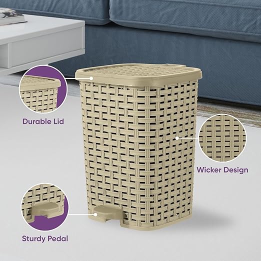 Superio Mini Trash Can with Foot Pedal Small Outdoor Garbage Can with Lid, 3 Gallon Plastic Waste Basket for Bathroom, Bedroom, Kitchen, Office, Patio (Wicker Beige 12 QT.)