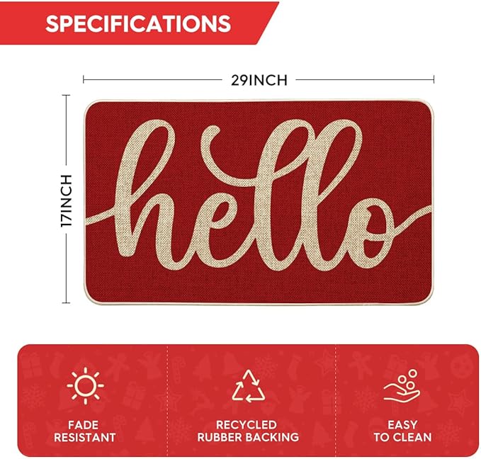 Artoid Mode Red Hello Valentine's Day Doormat, Anniversary Home Decor Low-Profile Switch Rug Door Mat Floor Mat for Indoor Outdoor 17x29 Inch