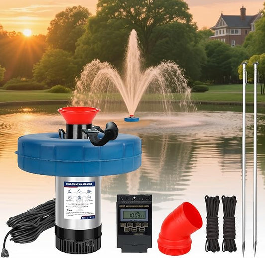 Pond Fountain Aerator Pond Fountain - 1 HP 15,000 gallons/hour 750 watts - pond aerator equipped with 100-foot power cord and multi-function timer Suitable for large ponds and lakes