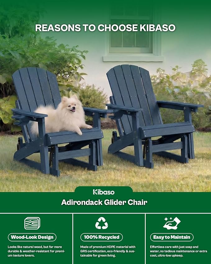 3-Position Adjustable Adirondack Chair with Cup Holder Set of 4, HDPE All-Weather Outdoor Glider Chair, Wood-Grain Fire Pit Chairs for Pool, Yard, Deck (Blue)