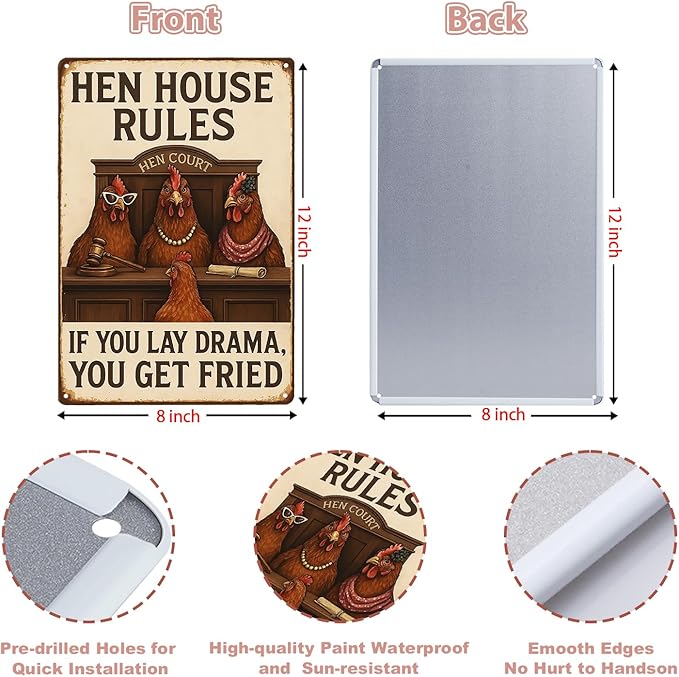 MAMAGIFTREE Chicken Coop/Kitchen Metal Sign Funny Christmas Gifts, “Hen House Rules - If You Lay Drama You Get Fried”, 8x12 Inches Vintage Tin Sign, Farmhouse Wall Decor, Gifts for Chicken Lovers