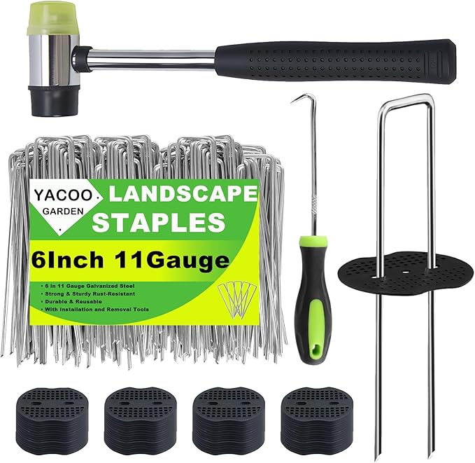 6 Inch Landscape Staples Set, 11 Gauge Galvanized U-Shaped Garden Stakes (50 Pack) with Gaskets, Hook Tool & Rubber Mallet for Weed Fabric & Landscaping